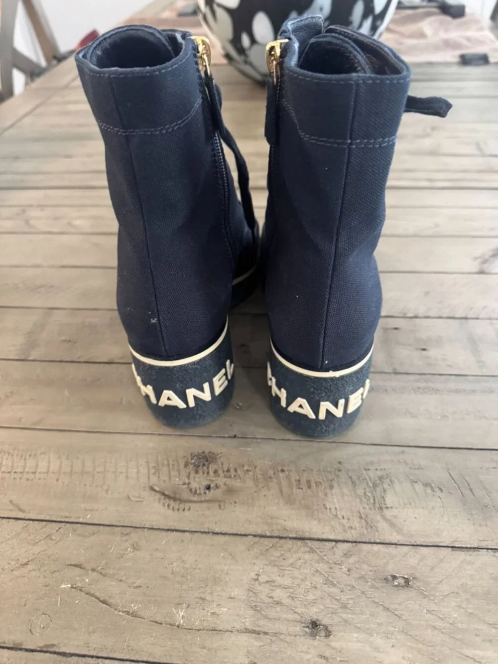 CHANEL Interlocking CC Logo Combat Boots Navy Blue Size 37.5